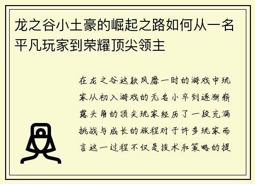 龙之谷小土豪的崛起之路如何从一名平凡玩家到荣耀顶尖领主