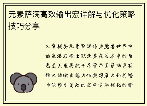 元素萨满高效输出宏详解与优化策略技巧分享